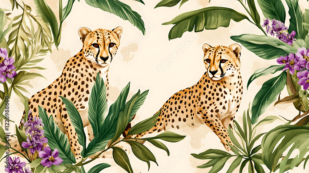 Naklejka premium A classic jungle pattern featuring cheetahs amidst green foliage and purple flowers on a soft neutral background