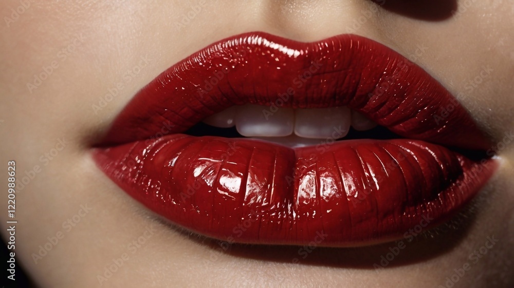 Obraz premium A detailed close up view of beautiful stunning cherry colored makeup woman's lips. Portrait of professional dark red lipstick makeup