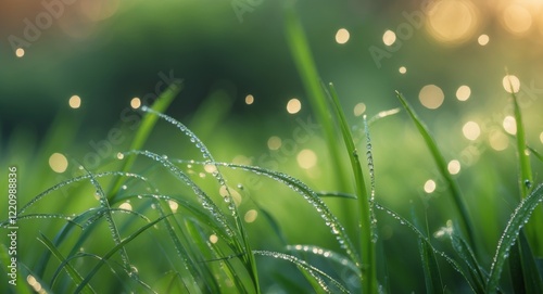 Emerald blades kissed by morning dew with sunlight softly illuminating the verdant scene photo