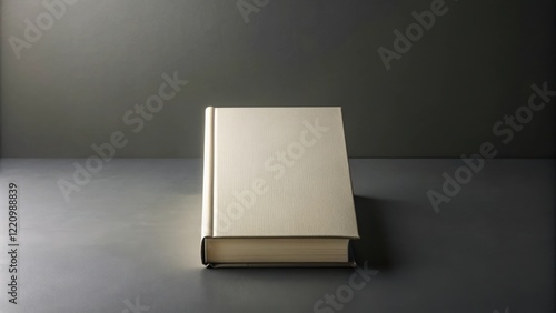 A single, closed, off-white hardcover book rests on a dark gray surface against a muted backdrop.