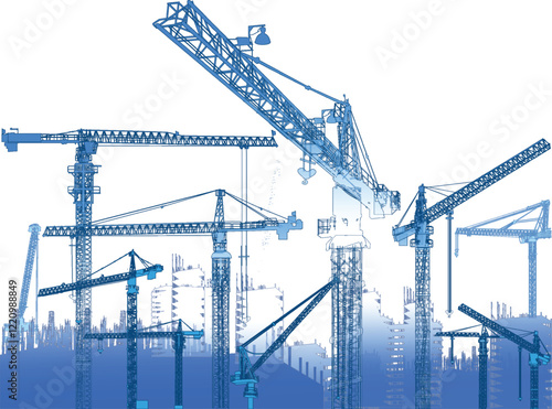 blue and white illustration with buildings and cranes