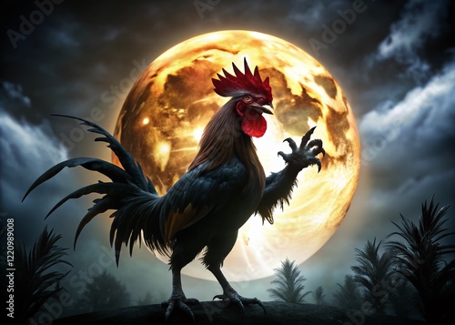 Silhouette of Dark Rooster Zombie Monster at Night - Spooky Halloween Stock Photo photo