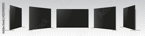 Realistic Blank Smart TV Mockup: 3D Black Ultra HD OLED 4K LED Monitor on Transparent Background - Front, Side, and Perspective Views. Vector.
