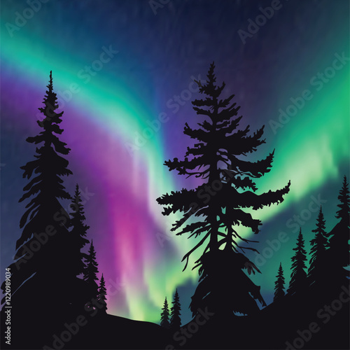 winter trees under bright sky wth aurora