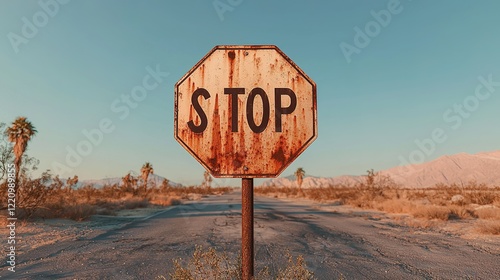 Deserted route sign warns drivers abandoned landscape photography arid environment wide angle isolation theme photo