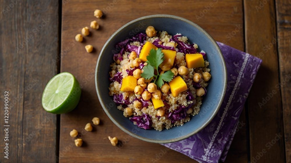 A bowl of quinoa, red cabbage, chickpeas, mango slices, and lime. A bowl of quinoa, red cabbage, chickpeas, mango slices, and lime.