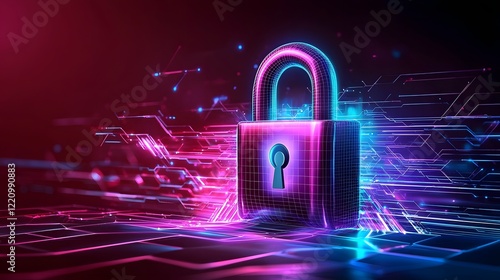 Vibrant digital artwork showcasing a central lock icon surrounded by firewalls data encryption elements and various cybersecurity technologies in an abstract and futuristic style