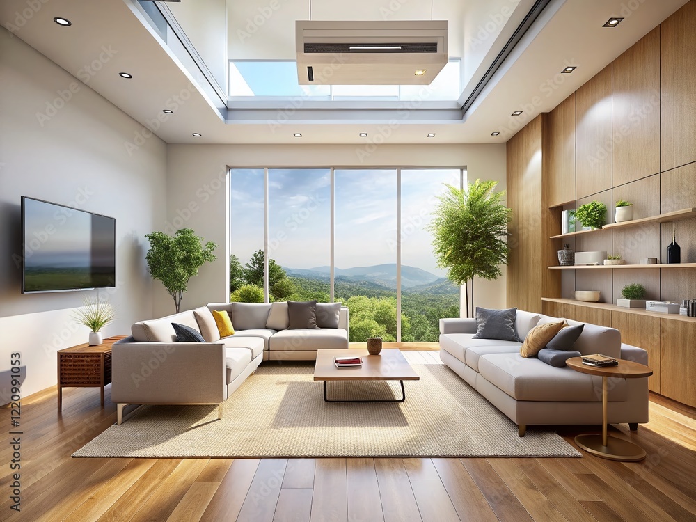 Fototapeta premium Modern Minimalist Home Interior with Discreet Ceiling Mounted Air Conditioner