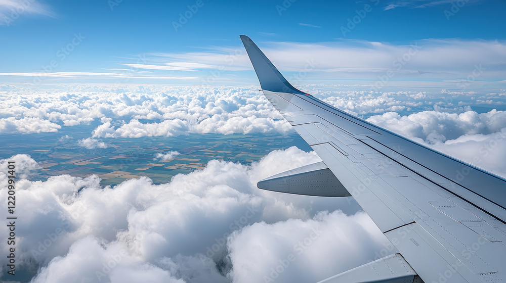 Obraz premium Aerial view from an airplane wing above fluffy clouds under a bright blue sky.