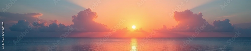 Fototapeta premium Gentle clouds drift lazily across a serene sunset sky, sunset sky, calm waters, gentle breeze
