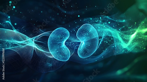 Dynamic X-ray Scan of Kidneys with Vibrant Kinetic Energy Lines and Digital Art Rendering