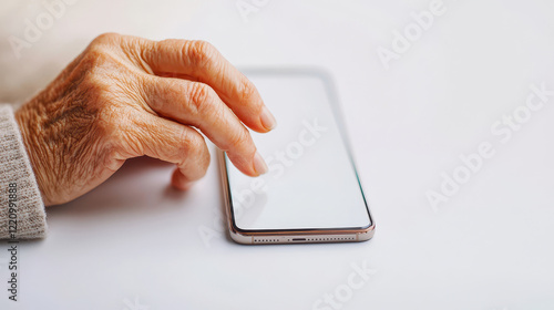 An elderly hand interacts with a smartphone screen, showcasing technology use in daily life. photo