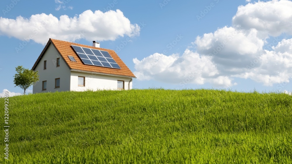 A modern house with solar panels sits on a lush green hill under a bright blue sky with fluffy clouds. A modern house with solar panels sits on a lush green hill under a bright blue sky with fluffy clouds.
