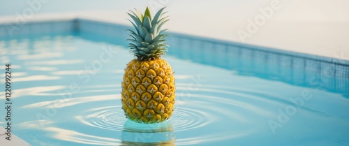 Ripe pineapple floating in a clear blue swimming pool photo