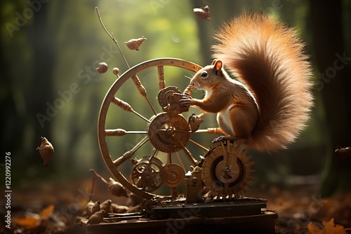 A playful squirrel with a fluffy tail spins joyfully on a wheel, capturing the essence of fun and curiosity. In the background, a lemming observes, adding a whimsical touch to this lively scene. photo