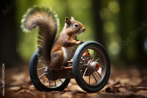 A playful squirrel with a fluffy tail spins joyfully on a wheel, capturing the essence of fun and curiosity. In the background, a lemming observes, adding a whimsical touch to this lively scene. photo