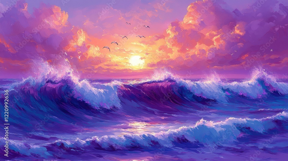 Fototapeta premium Purple Sunset Ocean Waves Painting Vibrant Seascape Art