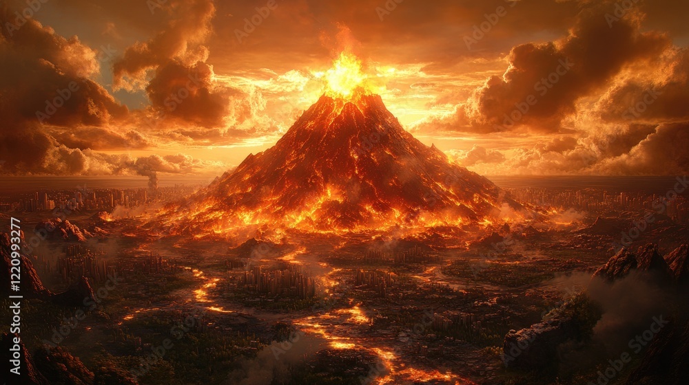 Fototapeta premium Fiery Volcano Eruption Landscape Dramatic Sunset Artwork