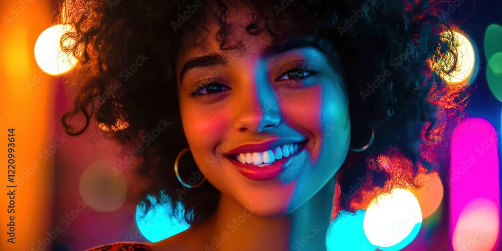 Fototapeta premium Woman with curly hair is smiling and wearing earrings