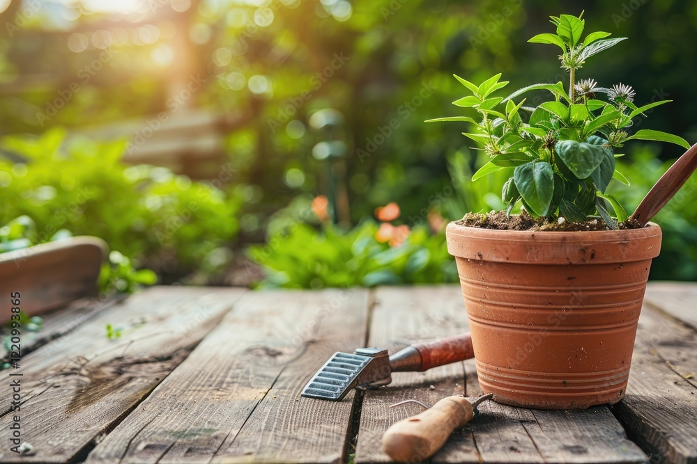 Closeup of Gardeners with Potted Plant and Gardening Tool on Wooden Table Closeup of Gardeners with Potted Plant and Gardening Tool on Wooden Table