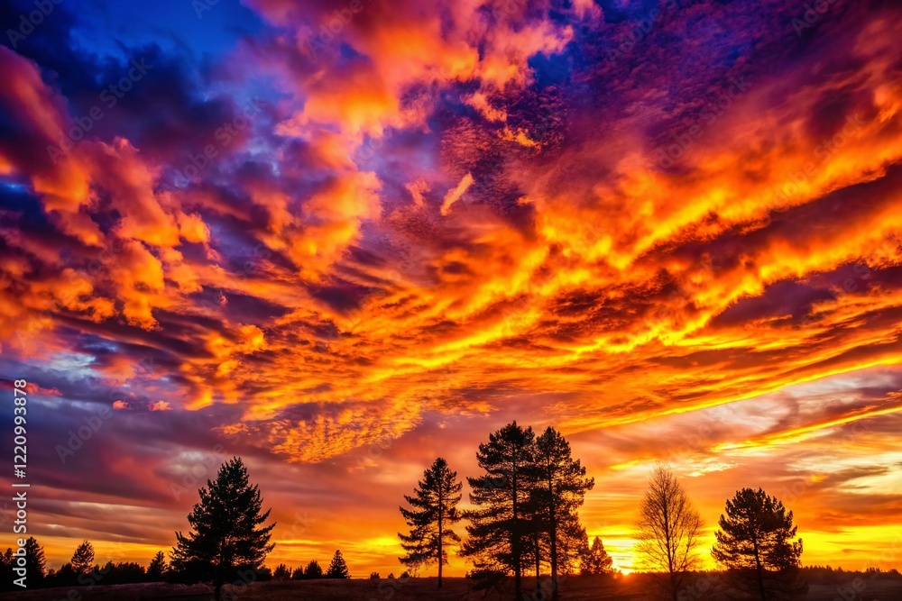 Silhouette of Trees Against Vibrant Sunset Sky - Dramatic Evening Landscape Silhouette of Trees Against Vibrant Sunset Sky - Dramatic Evening Landscape