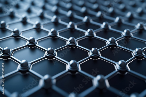 Close-up view of advanced hexagonal structure with metallic nodes and sleek design.