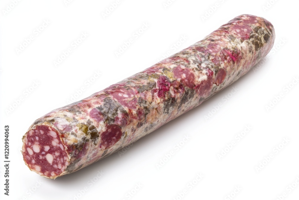 Savouring the rich flavors of bierwurst sausage on a pristine white backdrop for culinary inspiration Savouring the rich flavors of bierwurst sausage on a pristine white backdrop for culinary inspiration