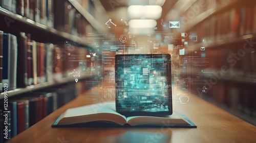 Futuristic Holographic Display of Digital Books and Educational Icons on Tablet in Modern Library Setting