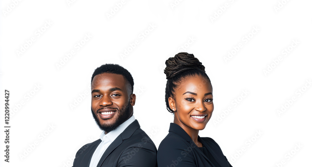 Standing side by side, the business man and woman convey a strong sense of professionalism and balanced partnership with copy space white background. Standing side by side, the business man and woman convey a strong sense of professionalism and balanced partnership with copy space white background.