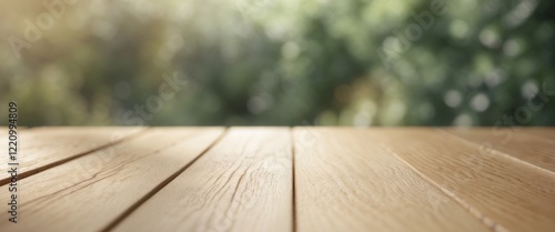 Wooden tabletop in soft light with blurred greenery background ideal for displaying products or text in advertising and marketing visuals. photo