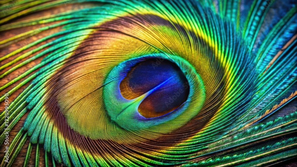 Obraz premium Close-up view of iridescent peacock feather, showcasing intricate details and vibrant color spectrum of natural beauty
