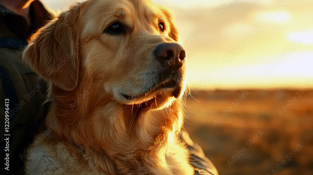 Obraz premium Golden Retriever Dog in Sunset: A Captivating Portrait of Canine Companionship