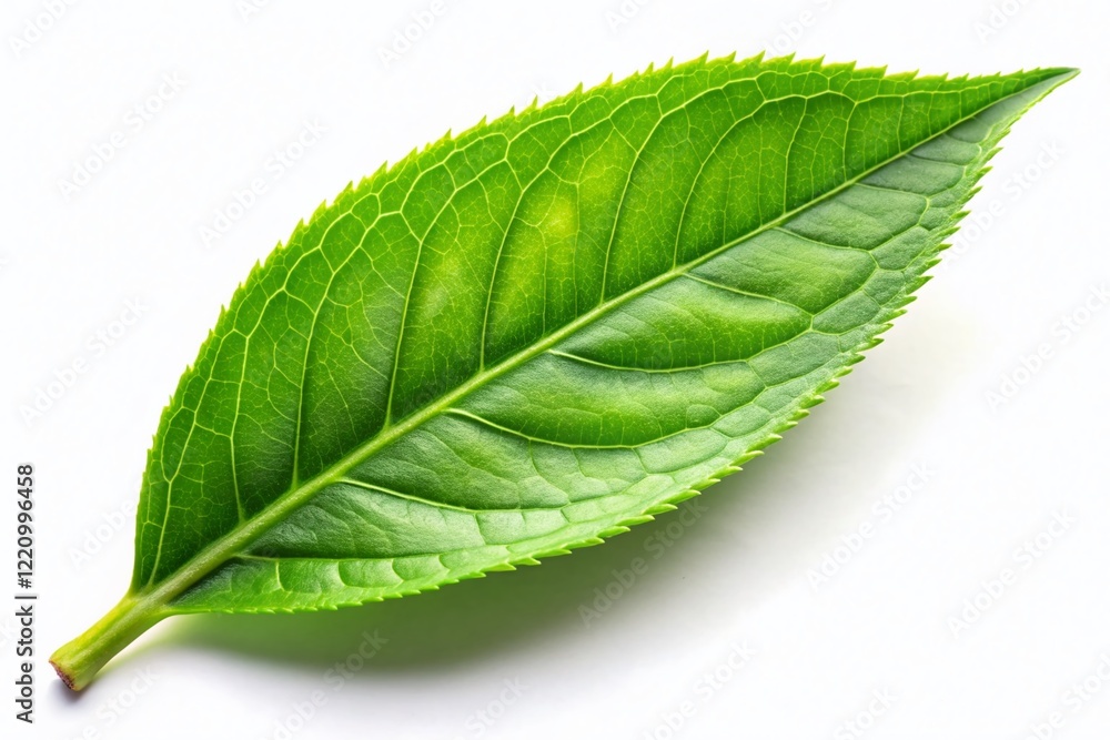 Obraz premium Single Green Tea Leaf Isolated on White, Minimalist Studio Shot