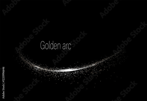 Isolated abstract golden arc with tinsel on black background, design component.