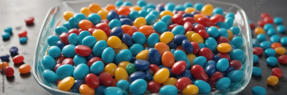 A bowl of blue-colored candy melts with colorful jelly beans and gummies in sunlight, color, candy A bowl of blue-colored candy melts with colorful jelly beans and gummies in sunlight, color, candy
