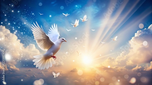 Sky Funeral Dove Background: Peaceful Remembrance Copy Space for Text, Memorial Service Image