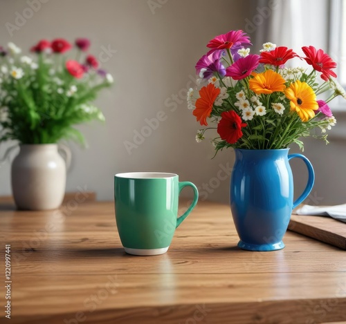 Wallpaper Mural A brightly colored coffee mug placed on a natural wood table with a vase of flowers , vase with flowers, garden party Torontodigital.ca