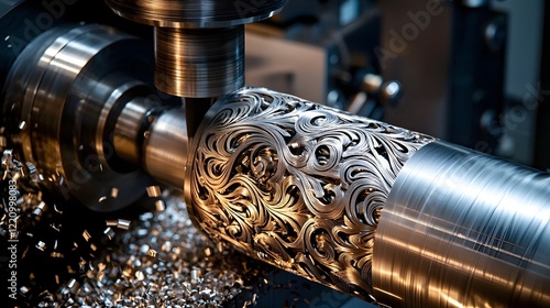 Close-up of detailed pattern carving on a steel cylinder using a CNC lathe with scattered metal shavings