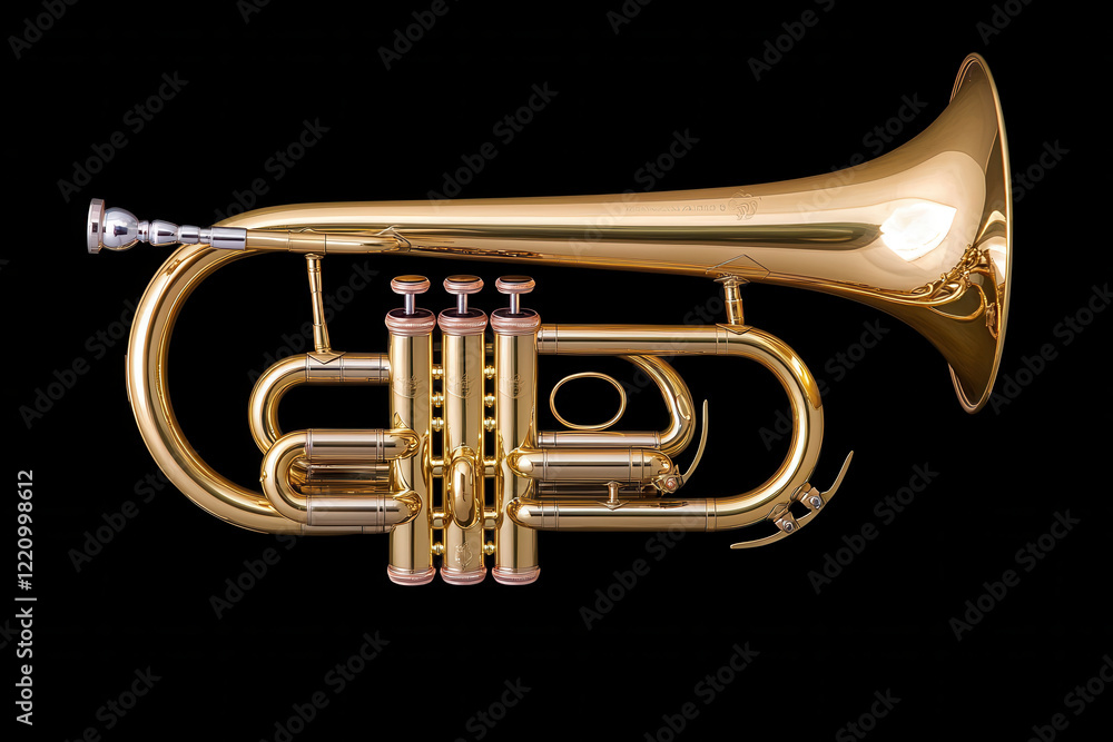 Obraz premium Golden brass flugelhorn glowing under soft lighting on black background