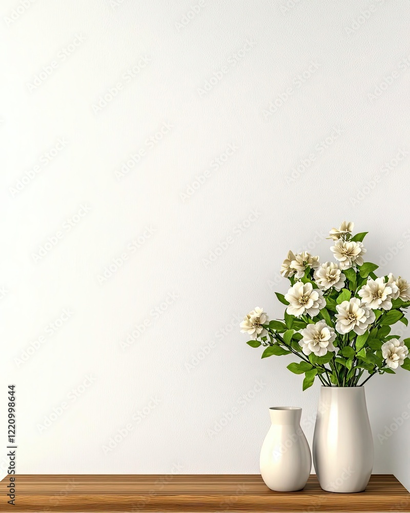 A pristine white wall with a small wooden shelf and a vase of flowers on the side A pristine white wall with a small wooden shelf and a vase of flowers on the side