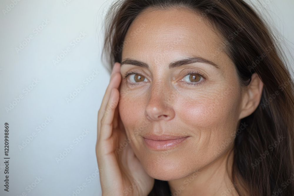 A woman around 35 years old, with a satisfied expression, on a white background orange. Her skin appears smooth and rejuvenated, showcasing the effects of HIFU treatment A woman around 35 years old, with a satisfied expression, on a white background orange. Her skin appears smooth and rejuvenated, showcasing the effects of HIFU treatment