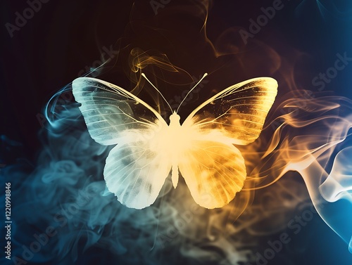 Glowing white butterfly silhouette in smoke, enhanced by blue and yellow gradient on a black background. Stunning and dramatic. photo