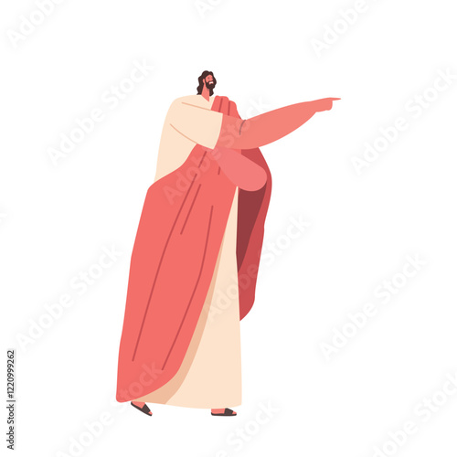 Jesus Christ Stands With Pointing Arm, Gesture Represents Authority, Guidance, And Direction. Symbol Of Power