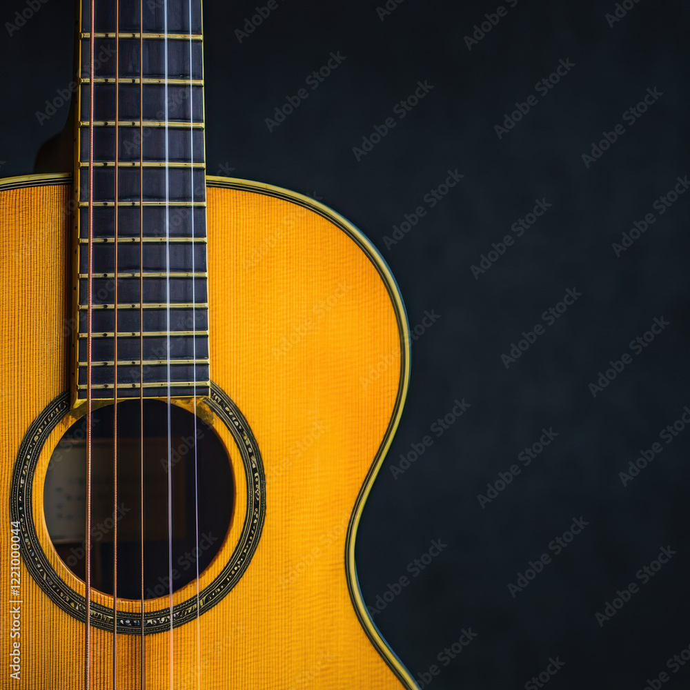 close up of glowing tenor guitar under soft lighting, showcasing intricate details close up of glowing tenor guitar under soft lighting, showcasing intricate details