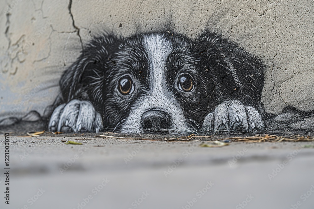 Fototapeta premium A black and white dog is peeking out from behind a wall