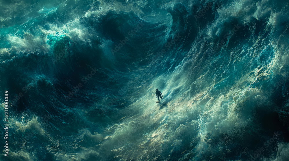 Fototapeta premium Advertising banner of A person surfing on a large wave, full of adrenaline and joy. Lone Figure Amidst a Turbulent Ocean Storm for Dramatic Nature's Fury