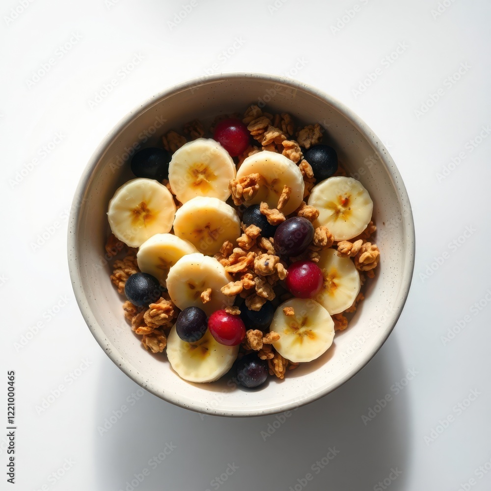 Healthy breakfast bowl with granola, banana slices, and berries. A delicious and nutritious start to your day! Healthy breakfast bowl with granola, banana slices, and berries. A delicious and nutritious start to your day!