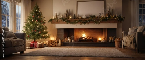 Wallpaper Mural a Christmas tree in the background of a warm and cozy living room with a fireplace, inviting atmosphere, fireplace Torontodigital.ca