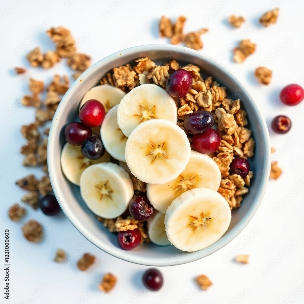 Healthy breakfast bowl with granola, banana slices, and cranberries. Perfect start to your day! Healthy breakfast bowl with granola, banana slices, and cranberries. Perfect start to your day!