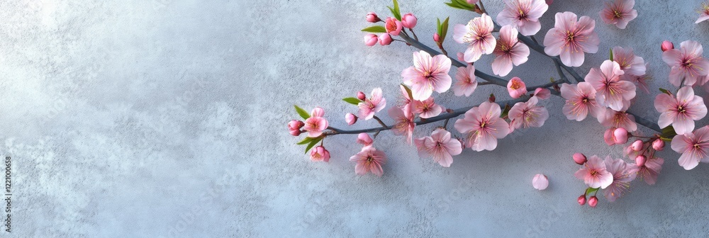 Vibrant Cherry Blossom Branch Resting on Smooth Topaz Background Vibrant Cherry Blossom Branch Resting on Smooth Topaz Background